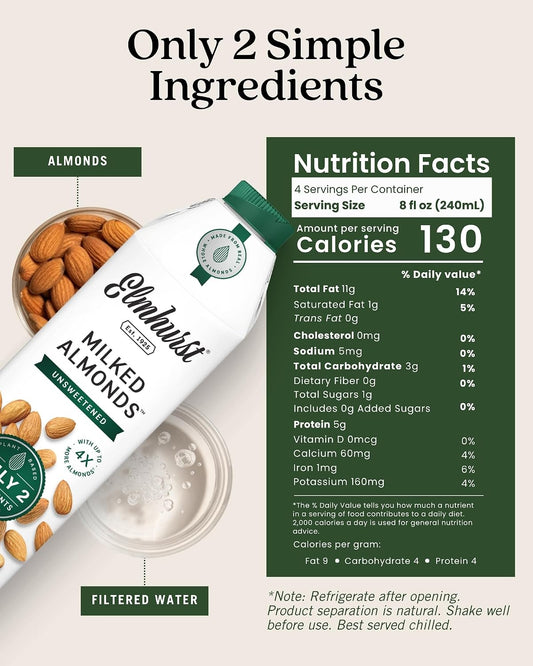Elmhurst 1925 Unsweetened Almond Milk - 32 Ounce (Pack of 6), Vegan