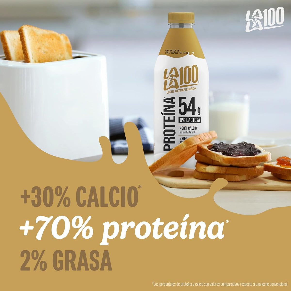 Lala 100 Leche más Proteína Sin Lactosa Parcialmente Descremada Ultrapasteurizada Reducida en Grasa con Proteína sin Refriger