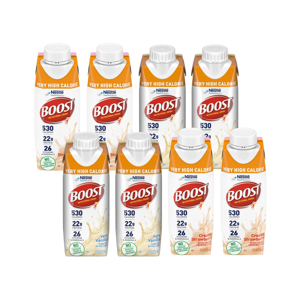 Boost Very High Calorie Nutritional Drink Duo, High Protein Nutrition Shake, Ready to Drink Nutrition Beverage, Balanced Nutritional Drink, Meal Replacement Shake, Creamy Strawberry and Chocolate, 4 Bottles Each, 8 Fluid Ounce (Variety Pack)