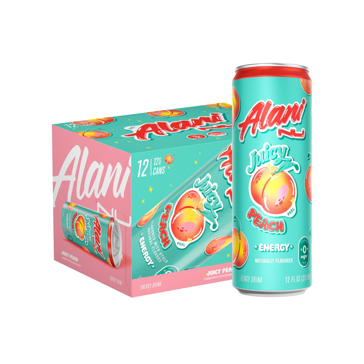 Alani Nu JUICY PEACH, Sugar Free, Low Calorie Energy Drinks, 200mg Caffeine, Biotin, B Vitamins, Zero Sugar, 10 Calories, 12 Fl Oz Cans, 24 Pack