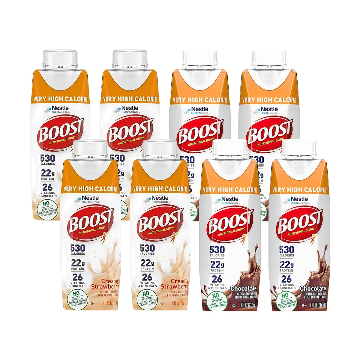 Boost Very High Calorie Nutritional Drink Duo, High Protein Nutrition Shake, Ready to Drink Nutrition Beverage, Balanced Nutritional Drink, Meal Replacement Shake, Creamy Strawberry and Chocolate, 4 Bottles Each, 8 Fluid Ounce (Variety Pack)