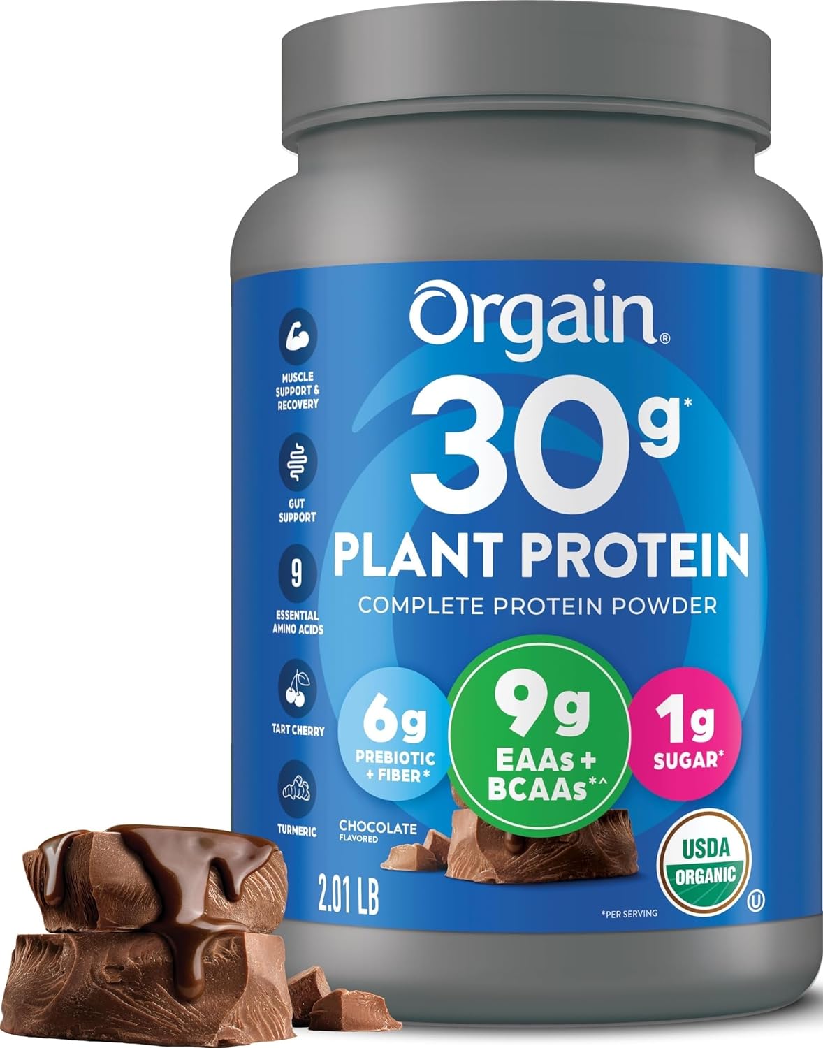 Orgain Organic Vegan 30g High Protein Powder, Chocolate, 2.01 lb | Plant based, 9g EAAs + BCAAs, 6g prebiotic fiber, 1g sugar, pre-workout, muscle support & recovery, packaging may vary