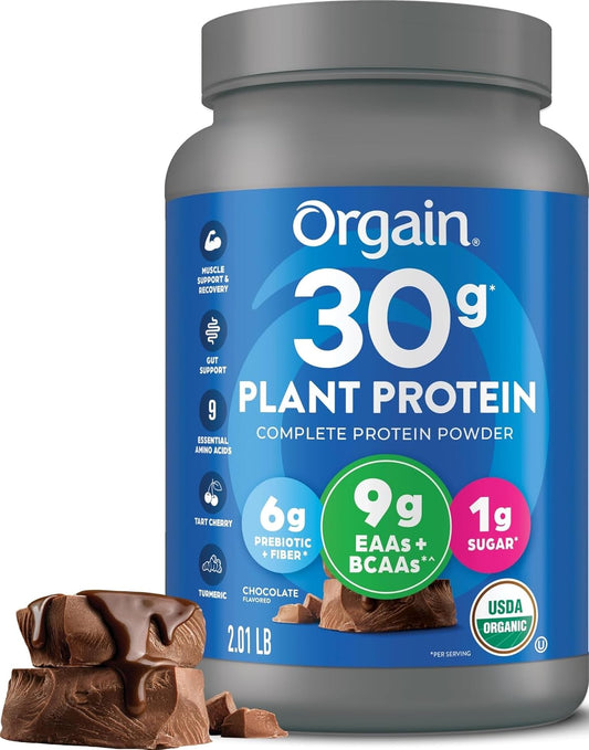 Orgain Organic Vegan 30g High Protein Powder, Chocolate, 2.01 lb | Plant based, 9g EAAs + BCAAs, 6g prebiotic fiber, 1g sugar, pre-workout, muscle support & recovery, packaging may vary