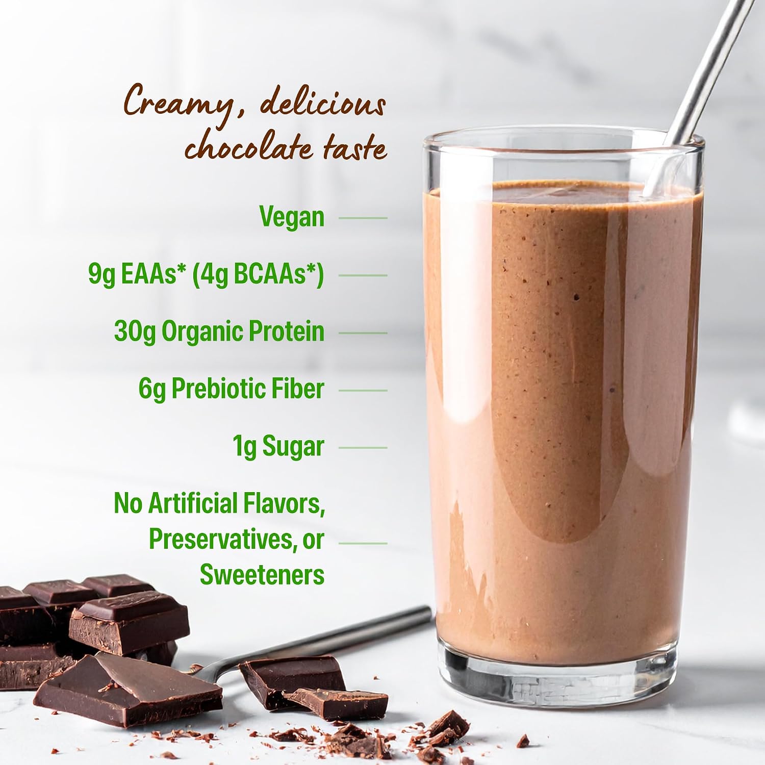 Orgain Organic Vegan 30g High Protein Powder, Chocolate, 2.01 lb | Plant based, 9g EAAs + BCAAs, 6g prebiotic fiber, 1g sugar, pre-workout, muscle support & recovery, packaging may vary