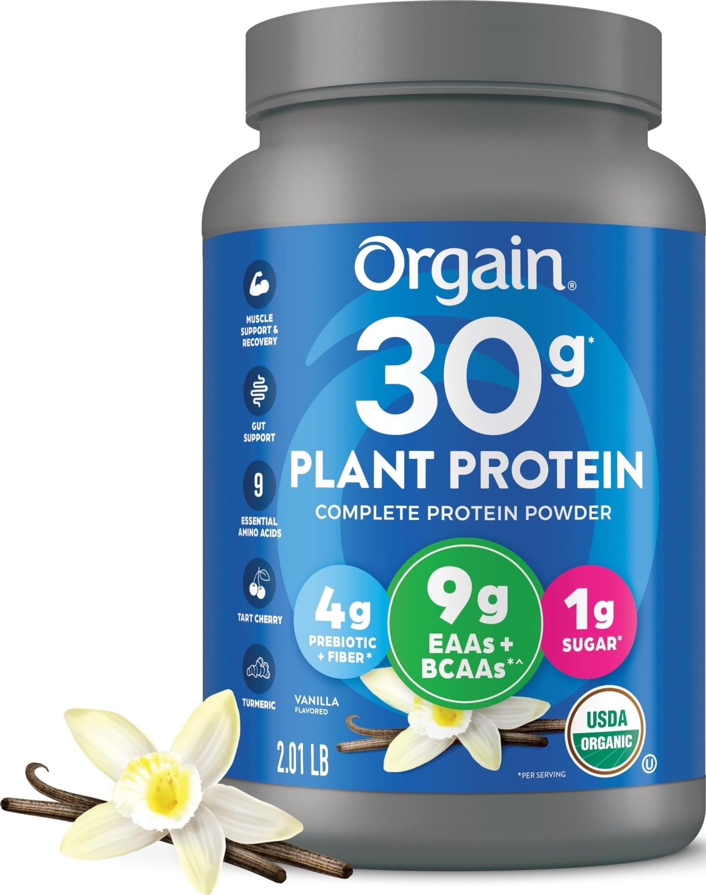 Orgain Organic Vegan 30g High Protein Powder, Chocolate, 2.01 lb | Plant based, 9g EAAs + BCAAs, 6g prebiotic fiber, 1g sugar, pre-workout, muscle support & recovery, packaging may vary
