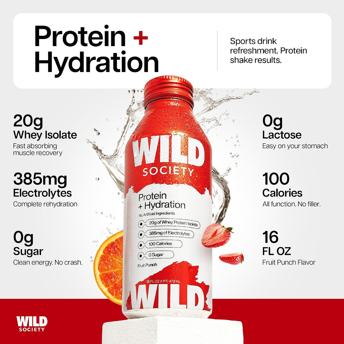 Wild Society Clear Protein Drink + Electrolytes, Fruit Punch, 12 Pack