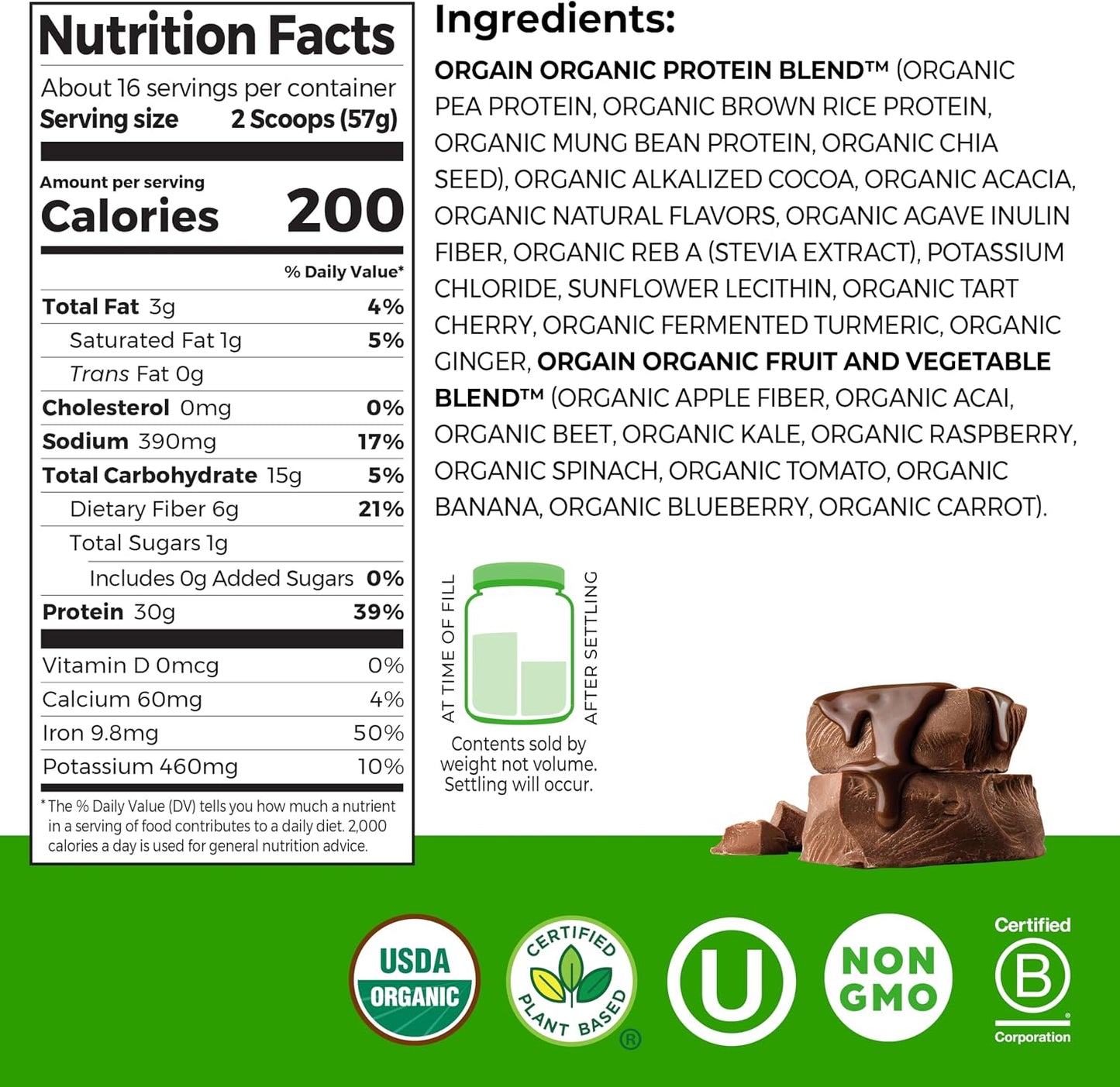 Orgain Organic Vegan 30g High Protein Powder, Chocolate, 2.01 lb | Plant based, 9g EAAs + BCAAs, 6g prebiotic fiber, 1g sugar, pre-workout, muscle support & recovery, packaging may vary