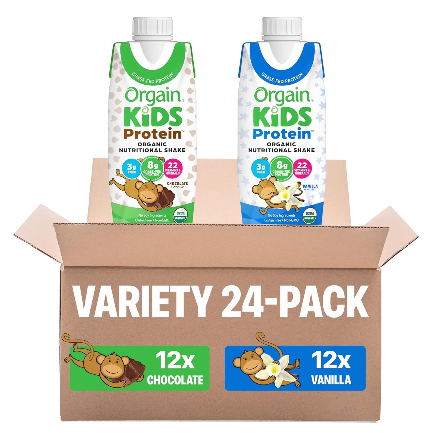 Orgain Organic Kids Nutritional Dairy Protein Shakes Bundle, Chocolate + Vanilla, 8g Protein, 3g Fiber, 22 Vitamins & Minerals, No Soy Ingredients, Gluten Free, Non‑GMO, 8.25 fl oz, Pack of 24