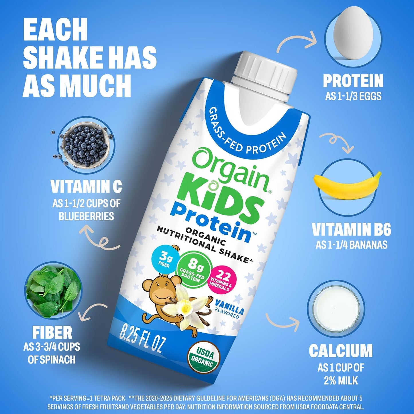 Orgain Organic Kids Nutritional Dairy Protein Shakes Bundle, Chocolate + Vanilla, 8g Protein, 3g Fiber, 22 Vitamins & Minerals, No Soy Ingredients, Gluten Free, Non‑GMO, 8.25 fl oz, Pack of 24