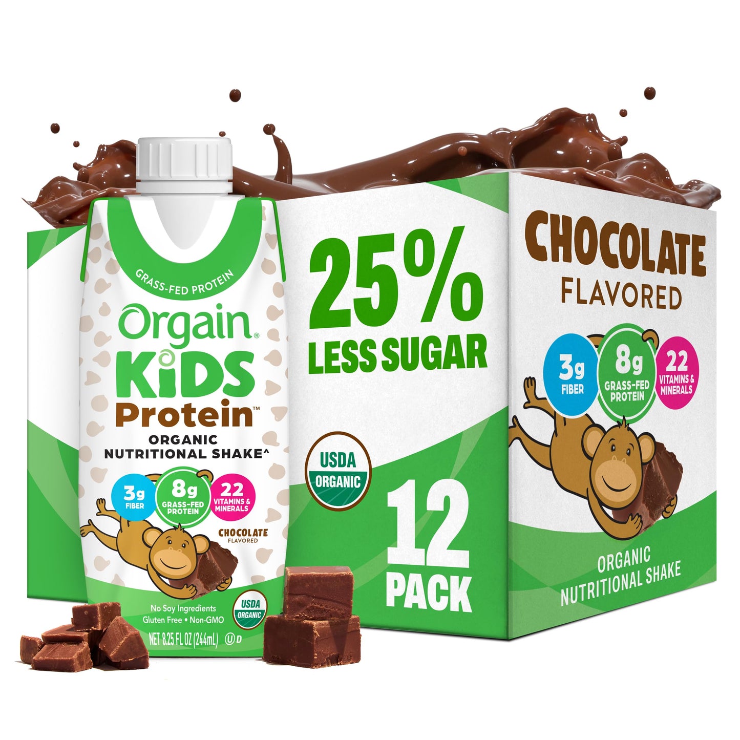 Orgain Organic Kids Nutritional Dairy Protein Shakes Bundle, Chocolate + Vanilla, 8g Protein, 3g Fiber, 22 Vitamins & Minerals, No Soy Ingredients, Gluten Free, Non‑GMO, 8.25 fl oz, Pack of 24