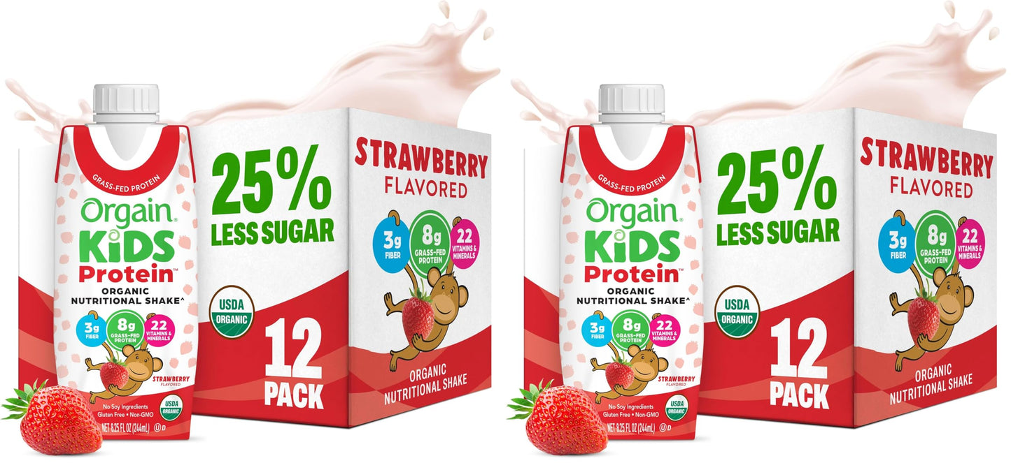 Orgain Organic Kids Nutritional Dairy Protein Shakes Bundle, Chocolate + Vanilla, 8g Protein, 3g Fiber, 22 Vitamins & Minerals, No Soy Ingredients, Gluten Free, Non‑GMO, 8.25 fl oz, Pack of 24