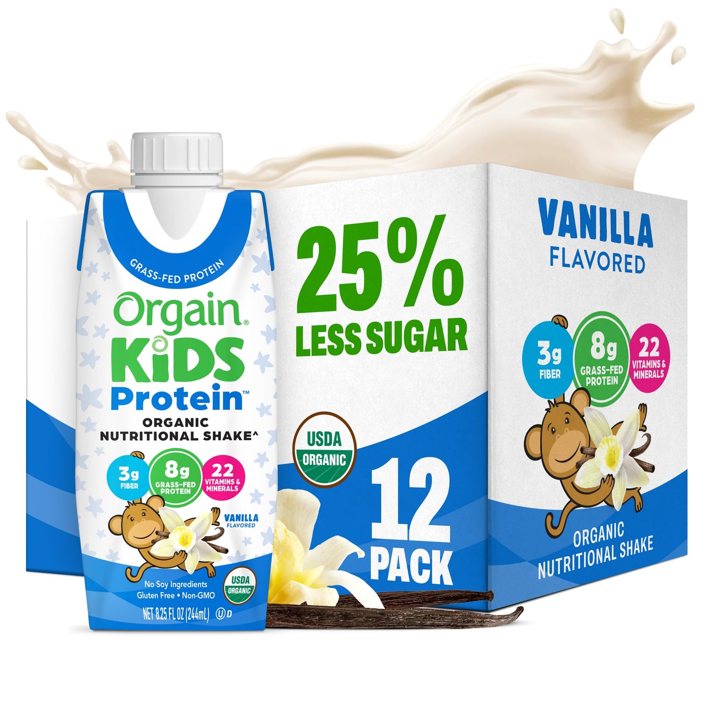 Orgain Organic Kids Nutritional Dairy Protein Shakes Bundle, Chocolate + Vanilla, 8g Protein, 3g Fiber, 22 Vitamins & Minerals, No Soy Ingredients, Gluten Free, Non‑GMO, 8.25 fl oz, Pack of 24
