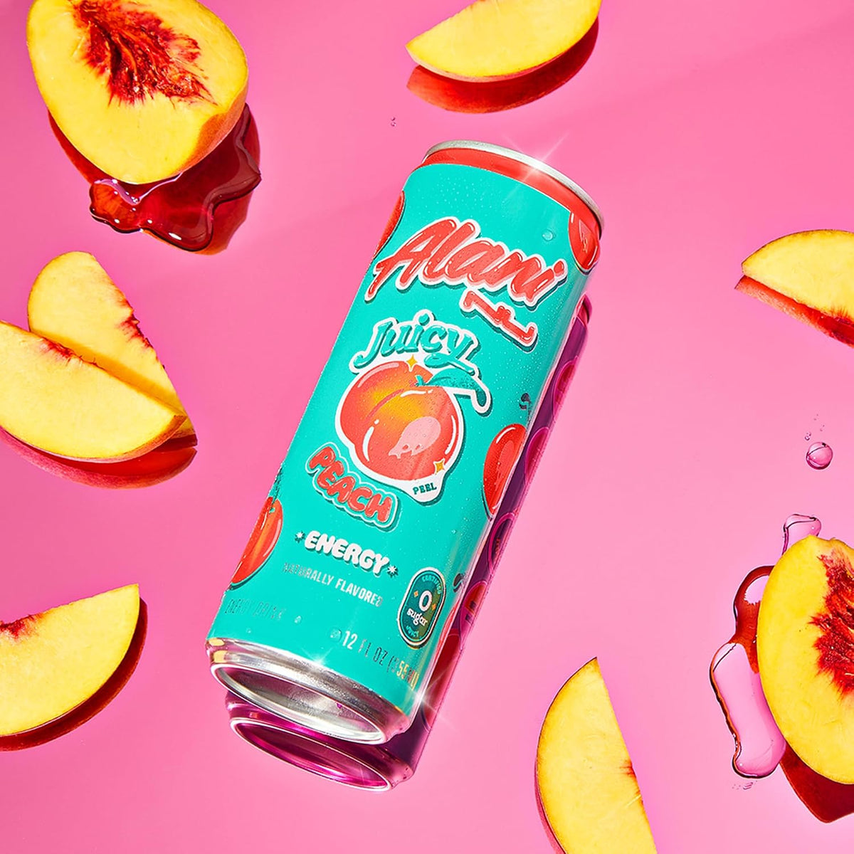 Alani Nu JUICY PEACH, Sugar Free, Low Calorie Energy Drinks, 200mg Caffeine, Biotin, B Vitamins, Zero Sugar, 10 Calories, 12 Fl Oz Cans, 24 Pack