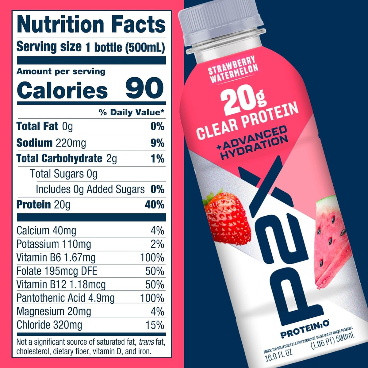 Protein2o P2X Advanced Hydration 20g Clear Protein Drink, 710mg of Electrolytes, 0g of Sugar - Post-Workout Recovery - 16.9 Fl Oz - 12 Count Strawberry Watermelon