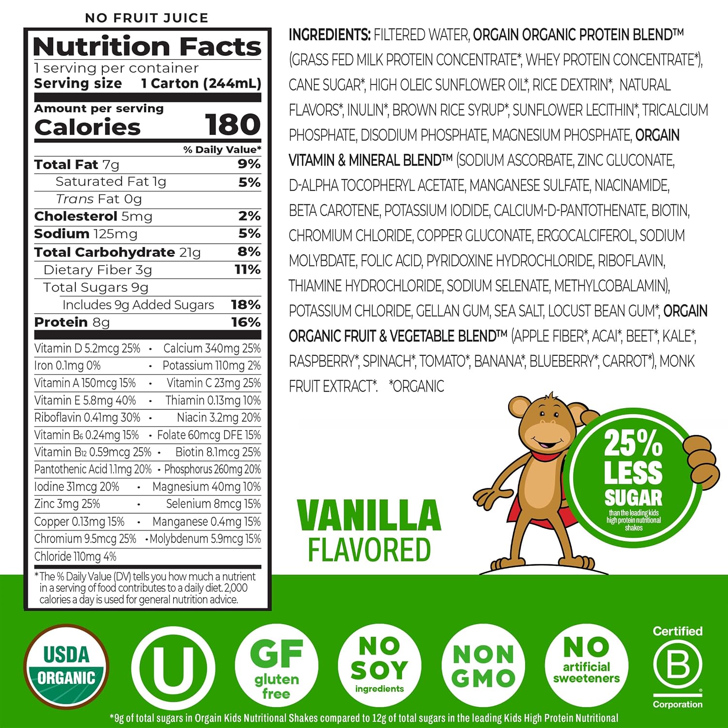 Orgain Organic Kids Nutritional Dairy Protein Shakes Bundle, Chocolate + Vanilla, 8g Protein, 3g Fiber, 22 Vitamins & Minerals, No Soy Ingredients, Gluten Free, Non‑GMO, 8.25 fl oz, Pack of 24