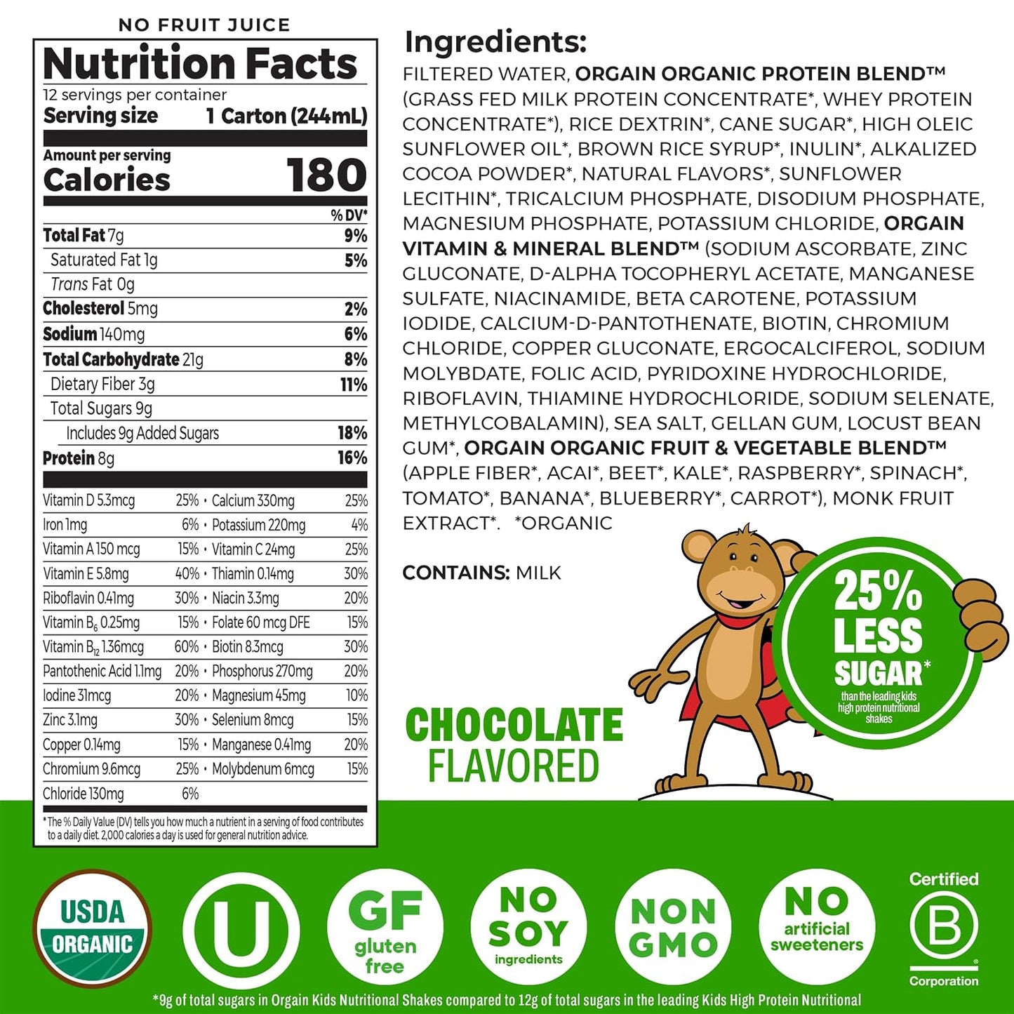Orgain Organic Kids Nutritional Dairy Protein Shakes Bundle, Chocolate + Vanilla, 8g Protein, 3g Fiber, 22 Vitamins & Minerals, No Soy Ingredients, Gluten Free, Non‑GMO, 8.25 fl oz, Pack of 24